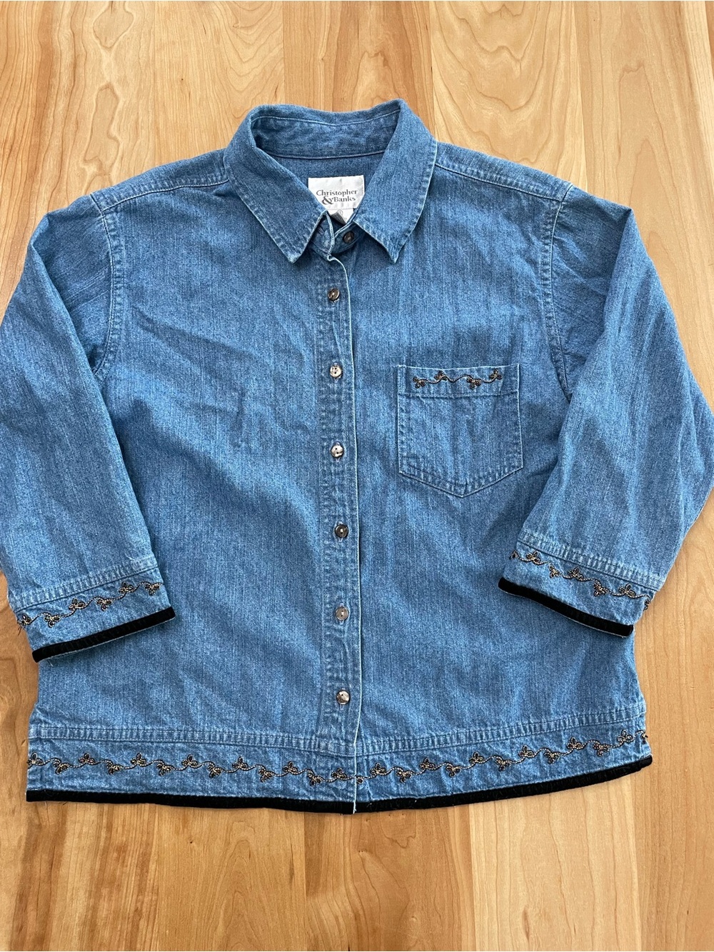 Christopher & Banks Women’s S Blue Denim Cotton Button-Up 3/4 Pocket Shirt Beads